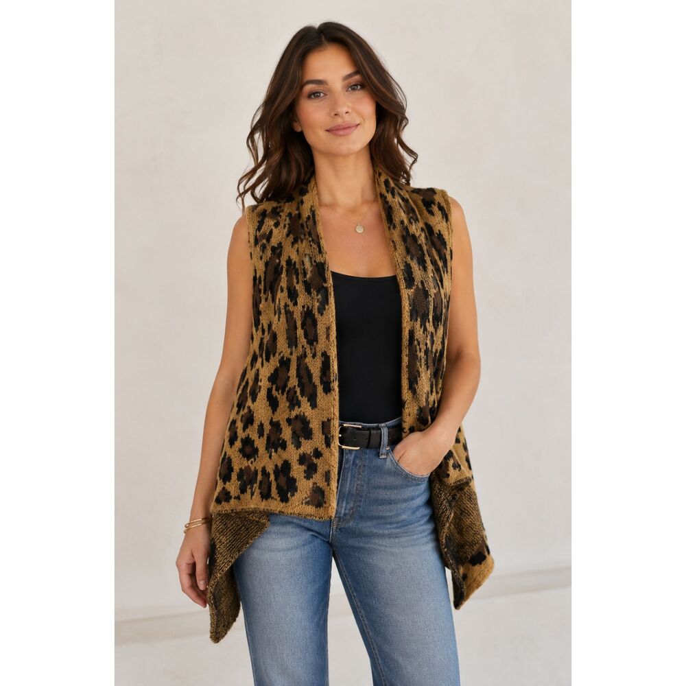 Women Leopard Sz OS Poncho Jungle Fuzzy Knit Soft Wrap Cozy Draped Cardigan U3